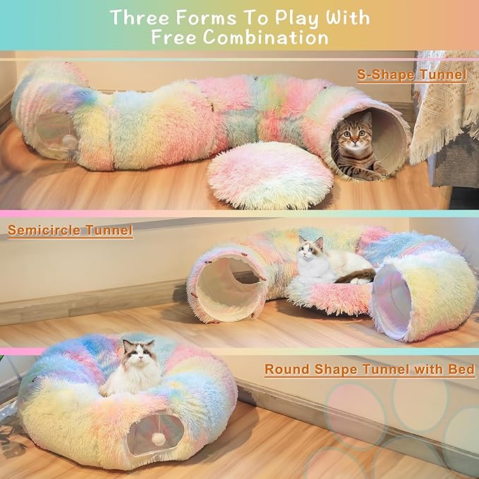 Cat Tunnel Bed for Indoor Winter, Warm Fluffy Plush Rainbow Cats Donut Tunnel with Central Mat, Multifunctional Pet Playground Toys Hide Place for Indoor Kitten Puppy Rabbit Ferret