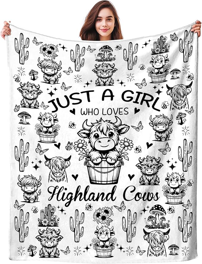 Highland Cow Gifts Sunflower Highland Cow Print Blanket Throw Plush Stuff Cute Animal Butterfly Gifts for Girls Kids Women Adults Highland Cow Lovers Birthday Decorations 60"X50"