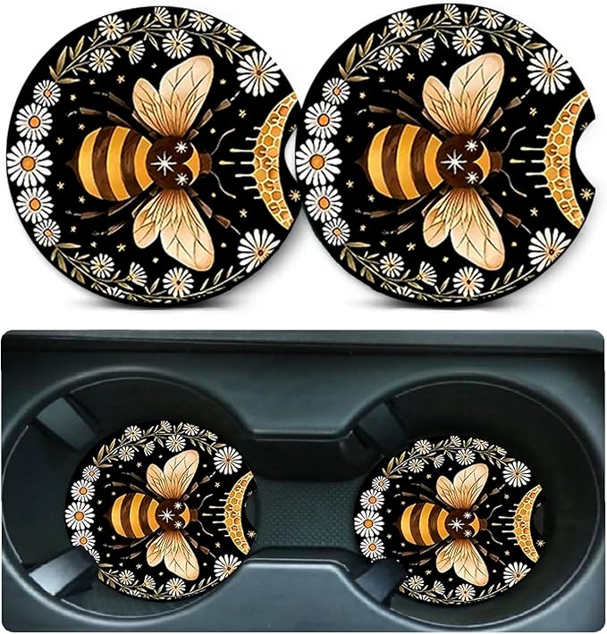 Car Coasters for Cup Holders,2 Pack Bee Car Cup Holder Coasters,2.75" Universal Size Anti Slip Rubber Mat,Automotive Cup Holder Decal Decor Accessories,Bee Gifts for Women,Men,Mom