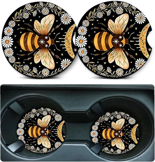 Car Coasters for Cup Holders,2 Pack Bee Car Cup Holder Coasters,2.75" Universal Size Anti Slip Rubber Mat,Automotive Cup Holder Decal Decor Accessories,Bee Gifts for Women,Men,Mom