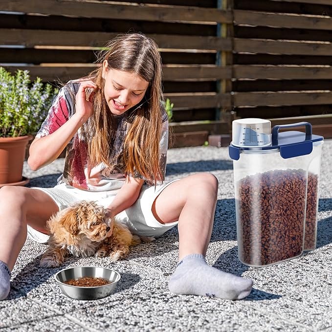 5-7Lbs Portable Airtight Dog Cat Food Container, match pet feeding mat Clean and convenient, making food less messy,translucent Storage Bin for Small Animal Kibble,Bird Seed,Oatmeal,Rice-Royal Blue