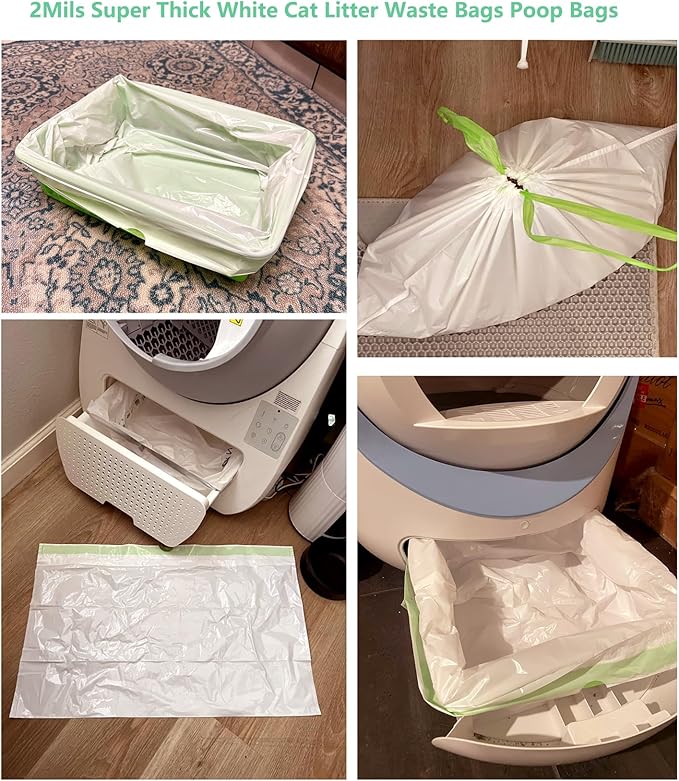 40 Count Cat Drawstring Litter Box Liners 26.6x16.7 inches 2Mils Super Thick White Cat Litter Waste Bags Poop Bags for Self-Cleaning Litter Box Cat Litter Pan Trays(Green Drawstring 40 count)