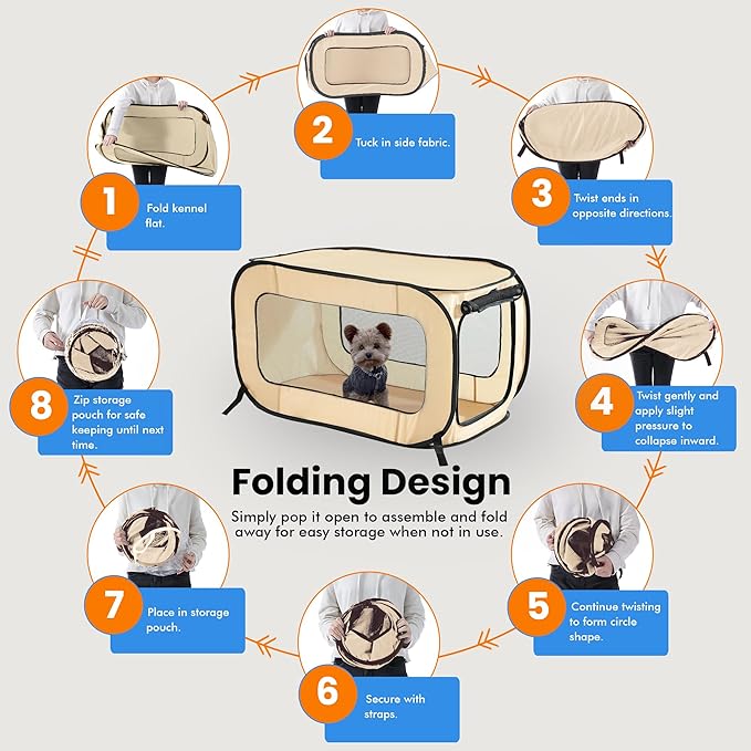 Beatrice Home Fashions Portable, Collapsible, Pop Up Kennel Travel Cat and Dog Crate, 40" L x 27" W x 27" H, Beige