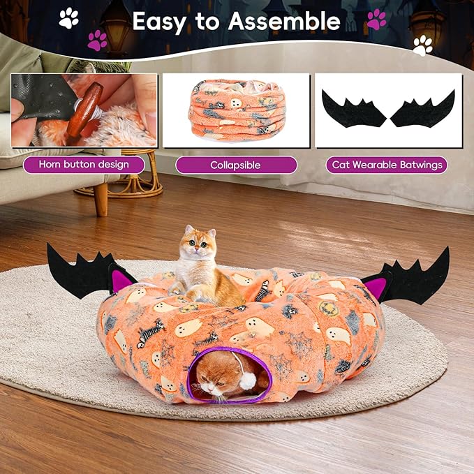 Halloween Cat Tunnel Bed, Cat Tunnels for Indoor Cats Large with Bat Wings, Foldable Cat Donut Tunnel with Soft Mat and Dangling Balls, Pumpkin Cat Play Tunnel Toy with Ghost, Spider Web Pattern