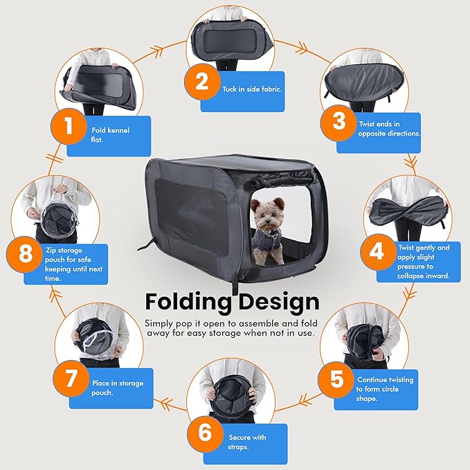 Beatrice Home Fashions Portable, Collapsible, Pop Up Kennel Travel Cat and Dog Crate, 32.5" L x 19.5" W x 19.5" H, Black