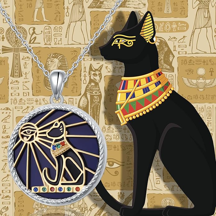 Alphm Egyptian Jewelry for Women 925 Sterling Silver Bastet Goddess/Eye of Horus Pendant Necklace Ancient Egyptian Jewelry Present