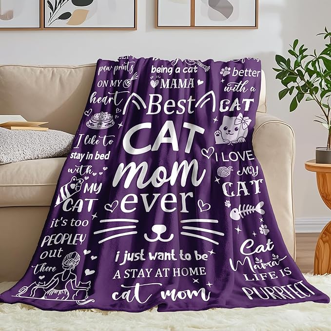 Cat Mom Gifts Blanket for Women, Cat Mom Throw Blankets for Women Soft Flannel Blanket 50"x40" Cats Themed Gifts for Cats Lovers