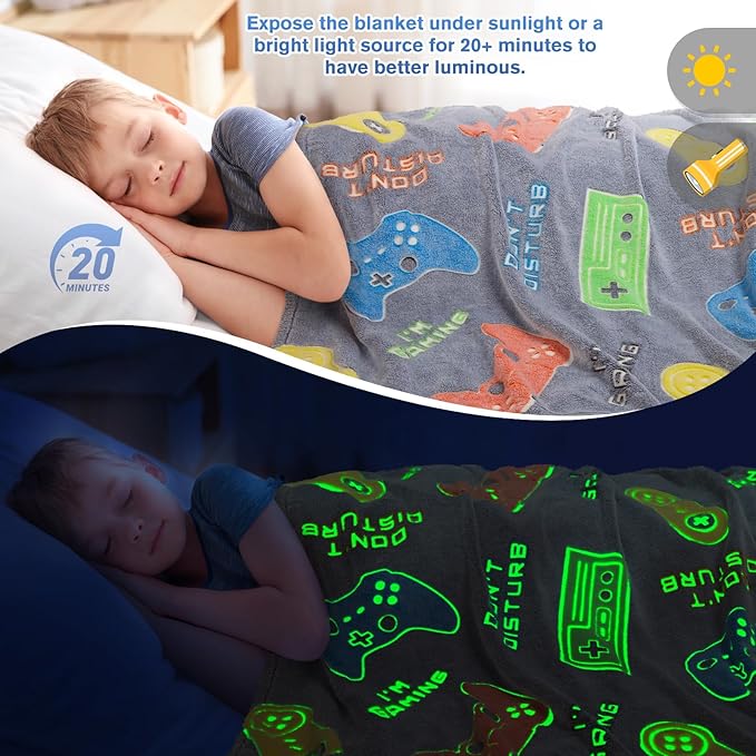Gaming Blanket Toys Gifts for Boys - Glow in The Dark Game Controller Throw for Kids Age 1-14 Year Old Teens Child Toddler Son Birthday Christmas Valentines Easter Presents Gamer Room Decor 50"x60"