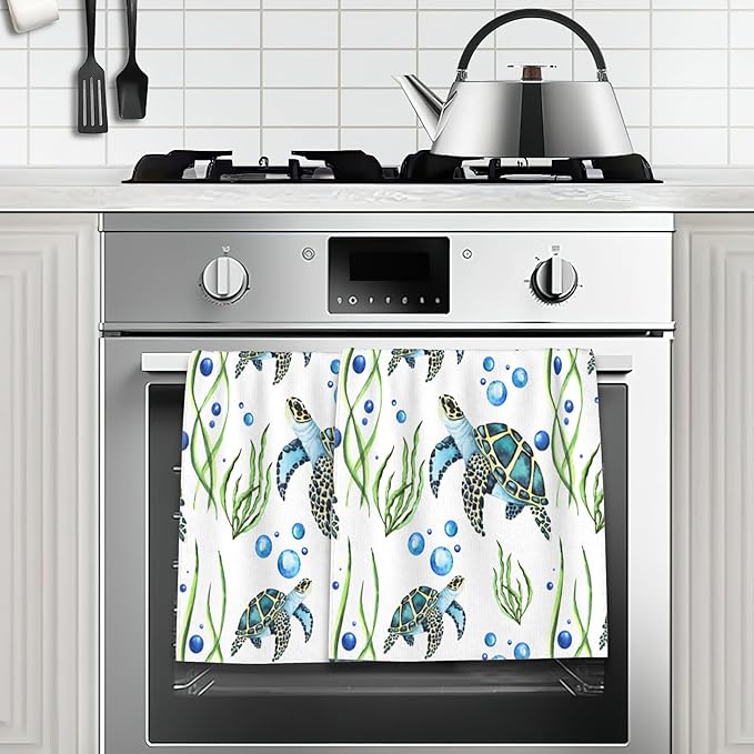 Sea Turtles Bath Hand Towels for Bathroom Decorative,Seaweed Bubbles Soft Absorbent Hand Towels for Kitchen Home Gym Beach 16"x24"