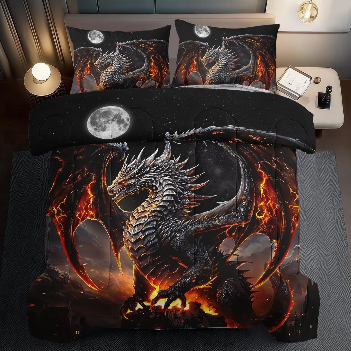 Black Dragon Comforter Set King Adult,Flame Dragon Bedding Set for Boys,Magical Beast Bedding Fantasy Animal Comforter Beedroom Decor,Magical Beast Quilt Bed Decor