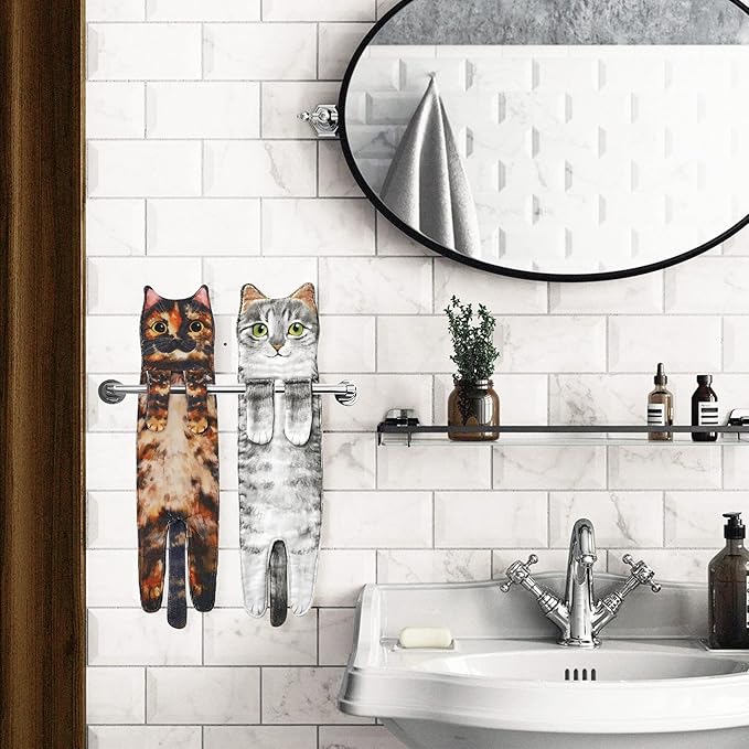 Cat Funny Hand Towels for Bathroom Kitchen- Cute Decorative Kitten Decor Hanging Face Towels- Unique Housewarming Valentines Mothers Birthday Gifts for Women Mom Cat Lovers