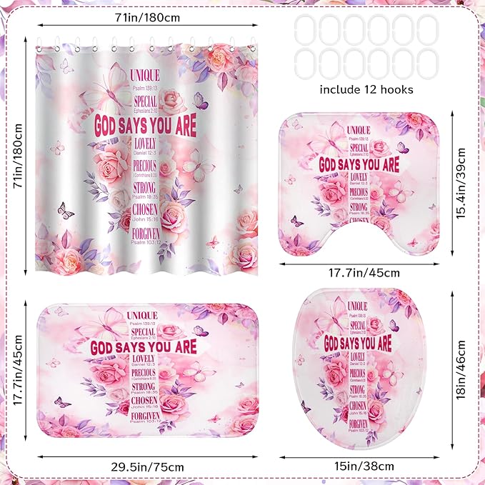 4 Pcs Pink Butterfly Inspirational Quotes Shower Curtain Set with Rugs and Toilet Lid Cover, Waterproof Fabric Bathroom Set for Women Girls, Bible Verse Floral Bathroom Decor with 12 Hooks