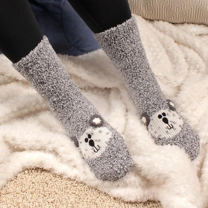 BambooMN Super Soft Warm Cute Furry Animal Non-Slip Fuzzy Cozy Fluffly Crew Winter Home Socks, Value Pack