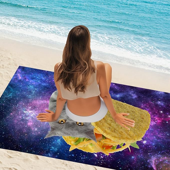 WZOMT Microfiber Cat Beach Towel, Cute Space Taco Cat Kitty Purple Galaxy Bath Towels, Cats Towels for Cats Lovers, Funny Quick Dry Sandproof Pool/Swim/Surfing Towel, Oversized 32x52 Inch