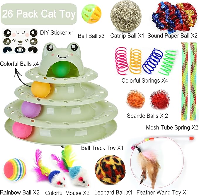 Suhaco 26 Pack Cat Toys Interactive for Indoor Cats Kitten Toy Fun Roller 4 Level Cat Teaser Ball Toys with 4 Colorful Balls Cat Feather Wand Kitty Toy Set for Boredom (Green)