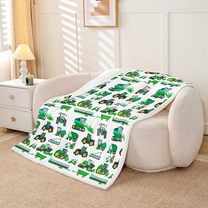 Equipment Trucks Sherpa Blanket Kids Boys Excavators Fleece Throw Blanket for Bed Sofa Couch Children Green Vehicle Plush Blanket Soft Construction Tractor Decor Fuzzy BlanketThrow 50"x60"