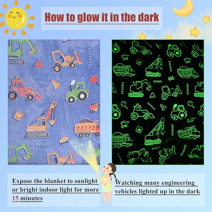 Tractor Blanket for Boys, Glow in The Dark Truck Blanket for Kids, Fleece Construction Toddler Birthday Gifts for Birthday Christmas Valentine's Day 50"×60"