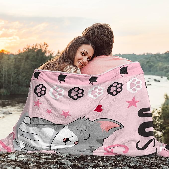 Cute Cat Throw Blanket Ultra Soft Warm Cozy Lightweight Microfiber Blankets, Just a Girl Who Loves Cats, Flannel Sherpa Fuzzy Fluffy Plush Throws for Sofa Couch Bedding All Season 60"x50"