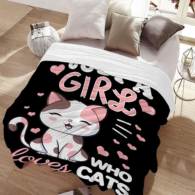 Cat Blanket Plush Gift for Kids Women Comfy Throw-Just A Girl Who Loves Cats-Soft Lightweight Kawaii Kitten Quilt Cozy Sheet Cute Animals Flannel Blankets for Halloween Couch Chair-40x50 Inches