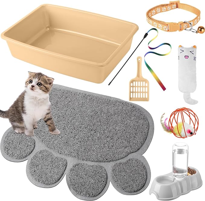 7 Pcs Small Cat Kitten Starter Kit Cat Litter Box with Shovel Cat Paw Litter Mat Double Automatic Cat Bowls Cat Toy Teaser Stick Cat Collar Essentials Kits for 1-3 Lbs Beginner (Khaki,Simple)