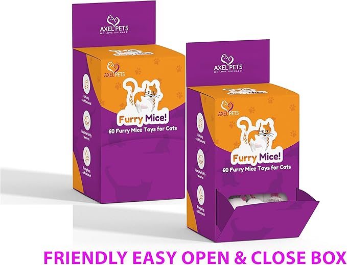 60 Furry Mice with Catnip and Rattle Sound Made of Real Rabbit Fur Interactive Catch Play Mouse Toy for Cat, Box of 60 Mice