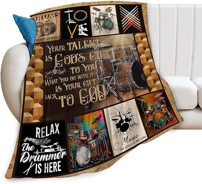 Rock Music Blanket Ultra Soft Cozy Drum Set Kit Throw Blanket Fleece Fuzzy Plush Bedding Vintage Musical Instrument Lovers Gifts for Women Girls Kids Adults 50"x40"