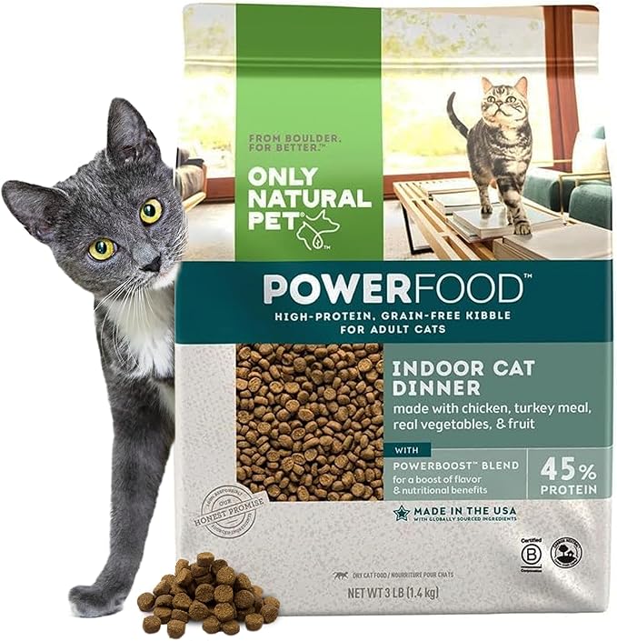 Only Natural Pet Powerfood Poultry Indoor Cat Dinner Dry Food - High-Protein Grain Free Kibble for Adult Cats, Made in USA and Supports Skin & Coat, Heart, & Immune Health, 3 Lb Bag
