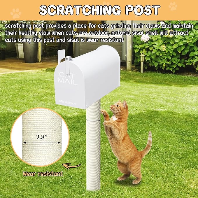 40in Outdoor Cat Scratching Post,Cat Toys for Outdoor Steel Mailbox In-Ground with PVC Sisal Post (White)