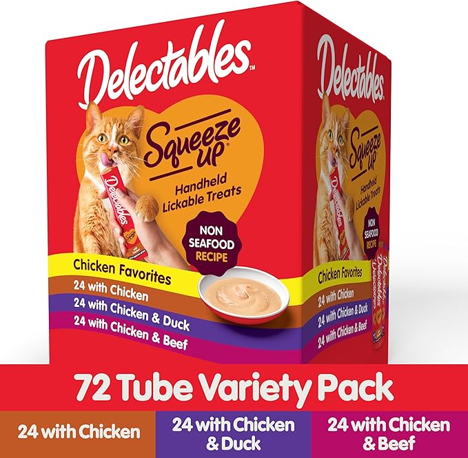 Delectables Squeeze Up Non-Seafood Variety Pack, Creamy Squeezable Puree, Lickable Wet Cat Treats, Grain Free, No Added Fillers, No By-Products, No Added Preservatives, 0.5 Ounces Tube, 72 Tubes Total