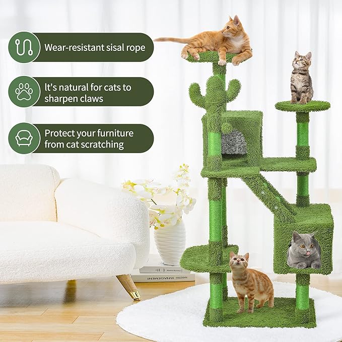 Mile High Life | Multi-Level Cat Tree Condo 58" for Large Cats | Hammock and Cactus Scratching Posts Tree for Kittens | Tall Cat Climbing Stand with Cute Hanging Ball & Toys for Play Houses