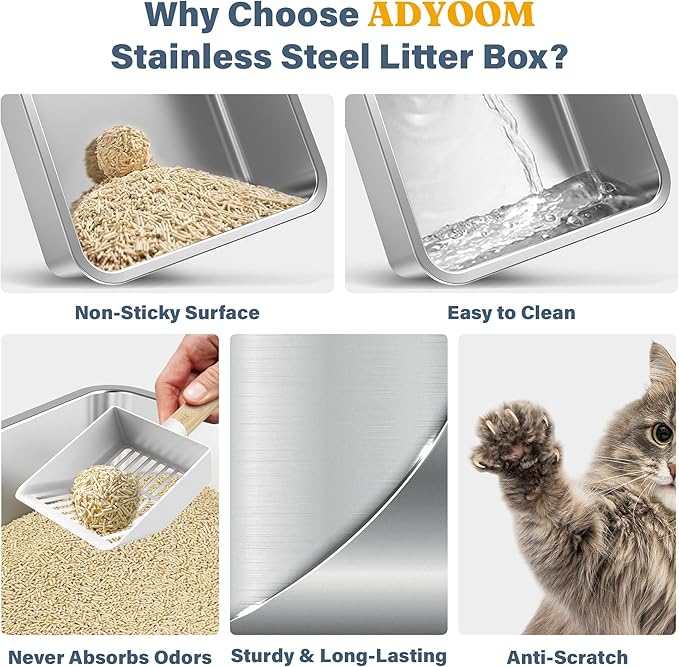 2 Pack 23.6" x 16" x 8" XXL Stainless Steel Cat Litter Boxes, High Sides Metal Cat Litter Box for Multi-Cats Big Cats XXL Metal Litter Pan Tray, Non-Sticky, Easy Cleaning