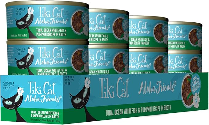 Tiki Cat Aloha Friends, Tuna, Ocean Whitefish & Pumpkin, Grain-Free & High Moisture, Wet Cat Food for All Life Stages 3 oz. Cans (Pack of 12)