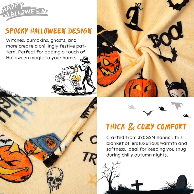 Pumpkin Reversible Fleece Throw Blanket, 50' x 70', Happy Halloween Print, 320 GSM Super Soft Warm Cozy Blanket for Couch Sofa, Orange Home Decor