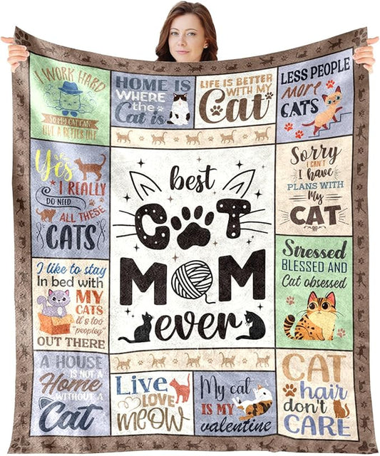 Cat Mom Throw Blanket - Cats Mom Gifts for Cats Lovers Cat Mom Ever Throw Blanket Soft Flannel Blanket Gift for Women Pets Lover Gifts for Cats Owners Mother Chair Sofa Bed Home Decor 60x50