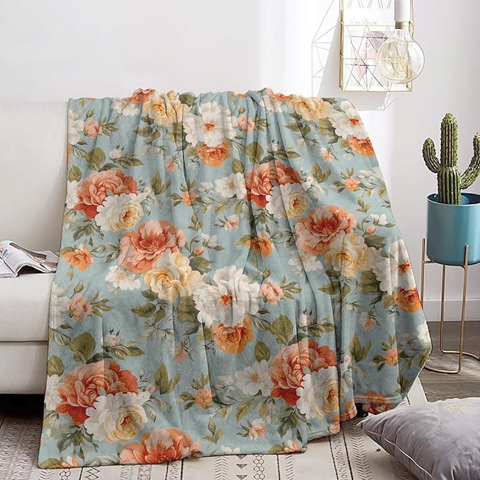 Beautiful Floral Blanket - Ultra Soft & Cozy Flannel Throw Blankets with Flowers, Warm, Lightweight & Fuzzy - Perfect for Bed, Couch, Travel & Outdoor Use - for Men Women Adults 80"×60"