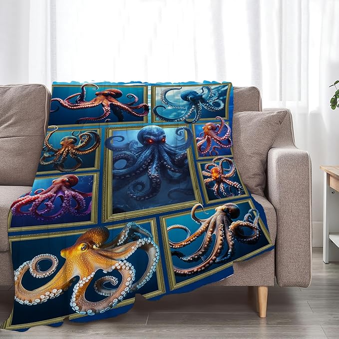 Octopus Throw Blanket - Ultra Soft Cozy Fleece Fuzzy Plush Octopus Lovers Decor Gifts for Women Girls Adults - Couch Sofa 80"x60"
