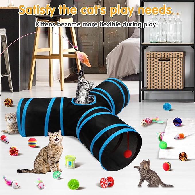 Poen 22pcs Cat Toys Kitten Toys Set with 2 Collapsible Cat Tunnel Toy and 20 Interactive Kitty Toys Cat Feather Toy, Fluffy Mouse, Crinkle Balls, for Cat Kitten Puppy (Blue, Black)