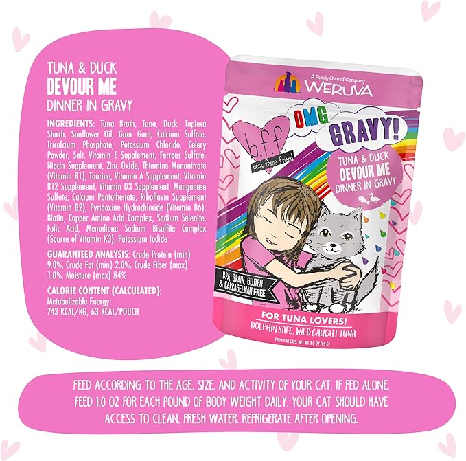 Weruva B.F.F. OMG - Best Feline Friend Oh My Gravy!, Tuna & Duck Devour Me with Tuna & Duck in Gravy Cat Food, 3oz Pouch (Pack of 12)