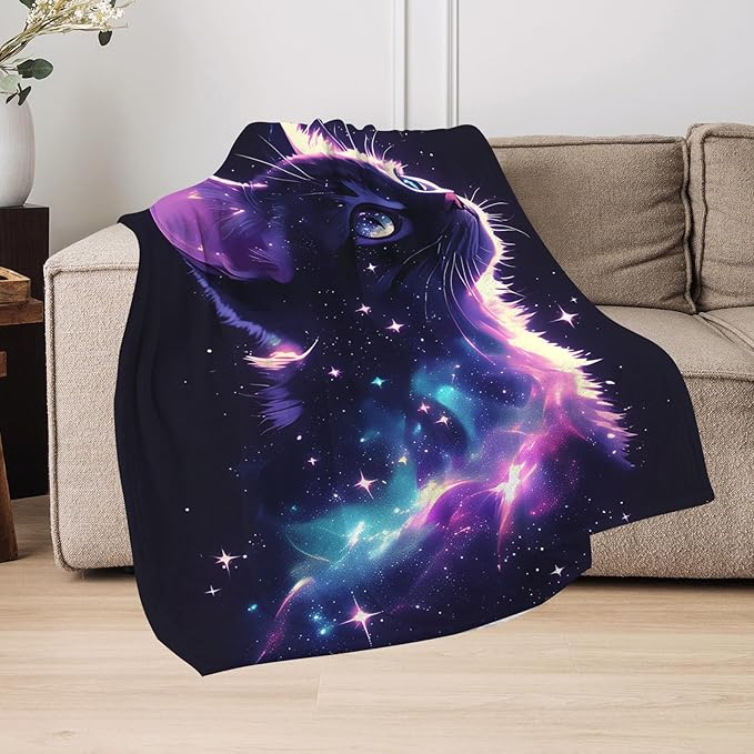 Cat Gifts Blanket, Cat Gifts for Women Girls Kids Cat Lovers, Black Cat Gifts, Cat Mom Gifts, Funny Galaxy Cat Blanket, Pink Purple Space Cat Sparkle Starry Stars,50"x40"