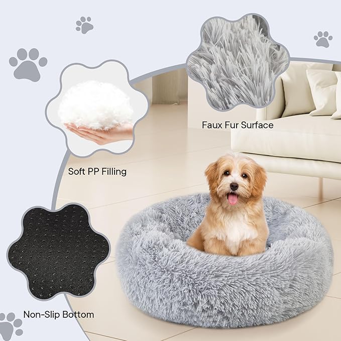 Calming Round Cute Cat & Dog Bed, Anti-Slip Washable Cozy Soft Round Pet Bed, Fluffy Faux Fur Plush Dog Cuddler Bed Fits up to 25 lbs Dogs and Cats(Donut Light Grey, 24inch x 24inch)