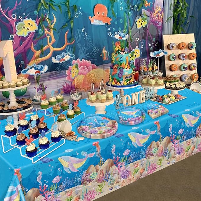 96PCS Under the Sea Party Decorations Ocean Sea Birthday Tableware Underwater World Paper Plates Ocean Animal Plates Napkins Dinnerware for Baby Shower Party Supplies, Serves 24