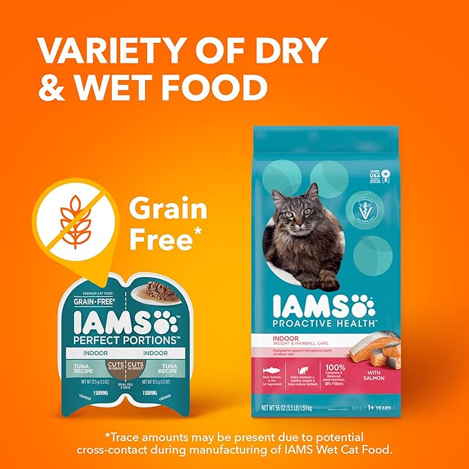 Iams Perfect Portions Indoor Adult Grain Free Wet Cat Food Pate Variety Pack, Salmon and Tuna Recipes, 2.6 oz. Easy Peel Twin-Pack Trays (12 Count, 24 Servings)