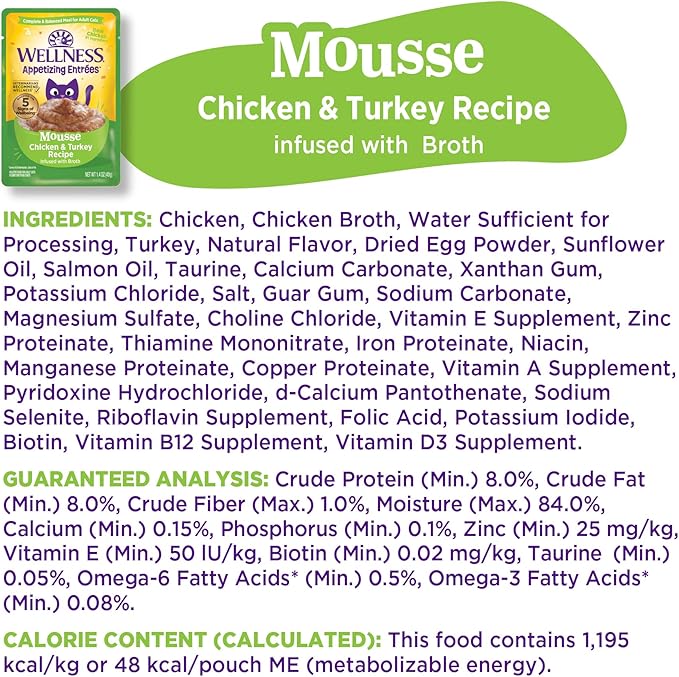 Wellness® Appetizing Entrées™ Mousse Chicken & Turkey Recipe Infused with Broth Natural Wet Cat Food, 1.4 oz Pouch (Pack of 8)