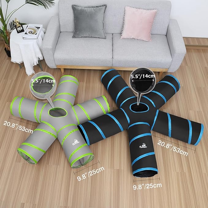 Pawaboo Cat Toys, Cat Tunnel Tube 5 Way Tunnels 25x53cm Extensible Collapsible Cat Play Tent Interactive Toy Maze Cat House with Balls and Bells for Cat Kitten Kitty Rabbit Small Animal, Grey+Green