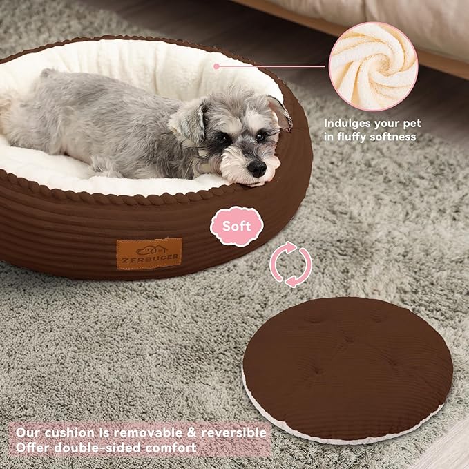 30in Round Cat Dog Bed for Large Medium Small Dogs Cats, Machine Washable Sleeping Sofa, Non-Slip Bottom Breathable Soft Calming Pet Cuddler for Indoor/Outdoor/Car/Cage, Brown