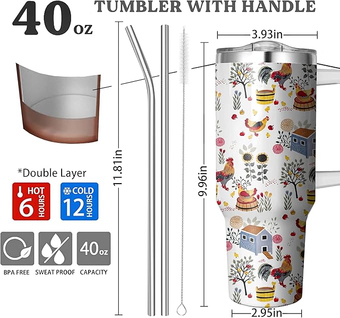40 Oz Chicken Tumbler with Handle and Straw, Double Wall Stainless Steelchicken Mugs, Insulated Rooster Cup Gifts for Chicken Lovers Women, Chicken Travel Mug Chicken Gifts for Women