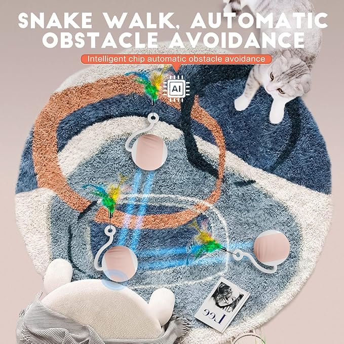 AAA AMUSANG Speed Tail Cat Toys Interactive Cat Toy Ball, Turbo Tail Cat Toy for Indoor Cats, with LED Lights and Feathers DIY 5 in 1 Automatic Cat Ball Toys Type-C Rechargeable (Pink)