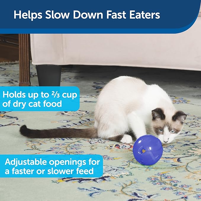 PetSafe Slimcat Slow Feeder Ball for Cats - Interactive Puzzle Game for Your Cat - Fill with Food and Treats - Great for Indoor Play for Kittens and Adult Cats, Portion Control and Fast Eaters (Blue)