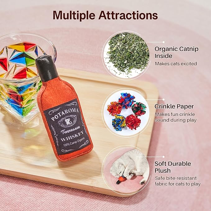 Potaroma Liquor-Simulation Cat Toys 2Pcs Catnip Crinkly Sound Toy, Durable Kitten Bite Kicker Toys, Indoor Feline Exercise 4.5 Inches for All Breeds
