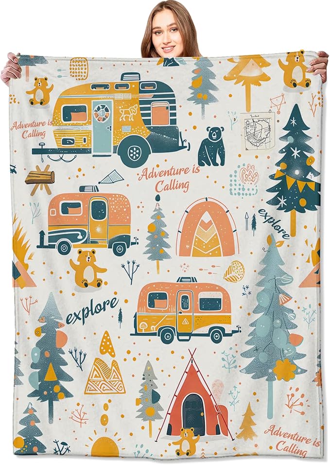 Adventure Camping Blanket Outdoor Camper Picnic Throw Blankets Gifts for Girls Adults Lightweight Soft Fleece Cozy for Sofa Couch Bed Room Travel Birthday Party Decor 50x60in